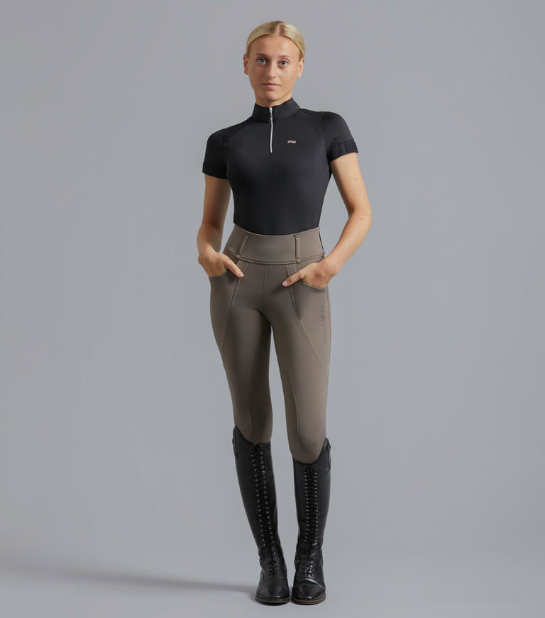 PE Ventus Ladies Full Seat Gel Riding Tights - Taupe, black