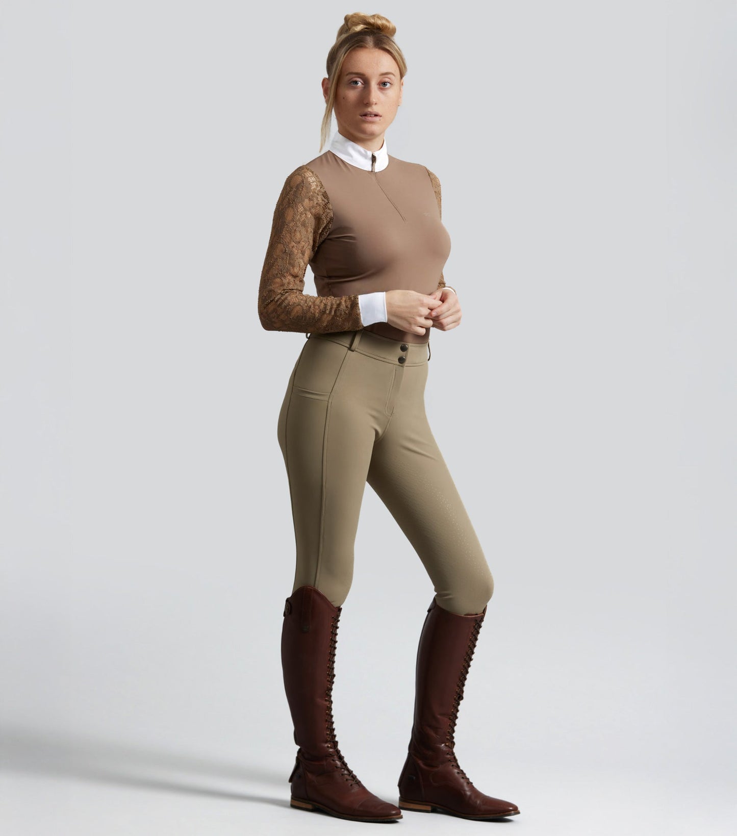 Description:Salento Ladies Full Seat Riding Breeches_Colour:Timberwolf_Position:1