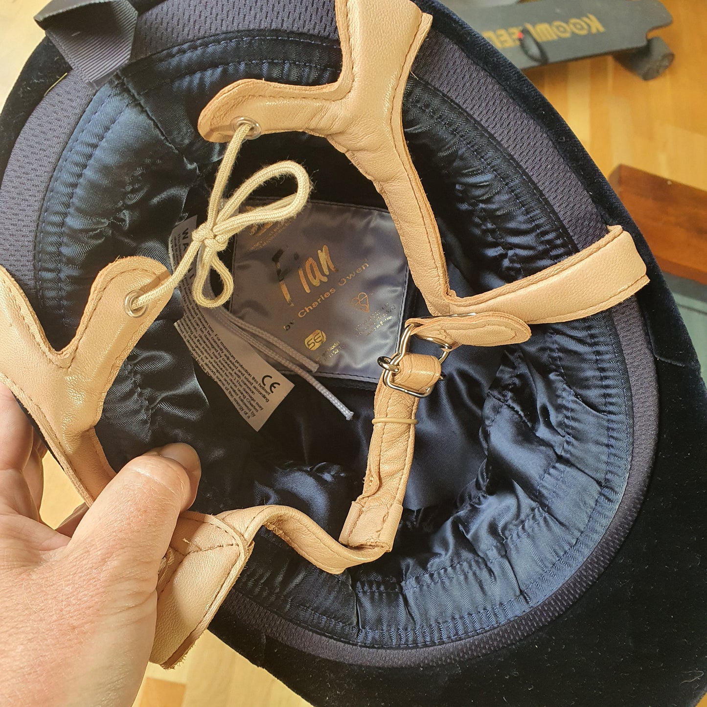 Charles Owen navy velvet Fian helmet, size 56