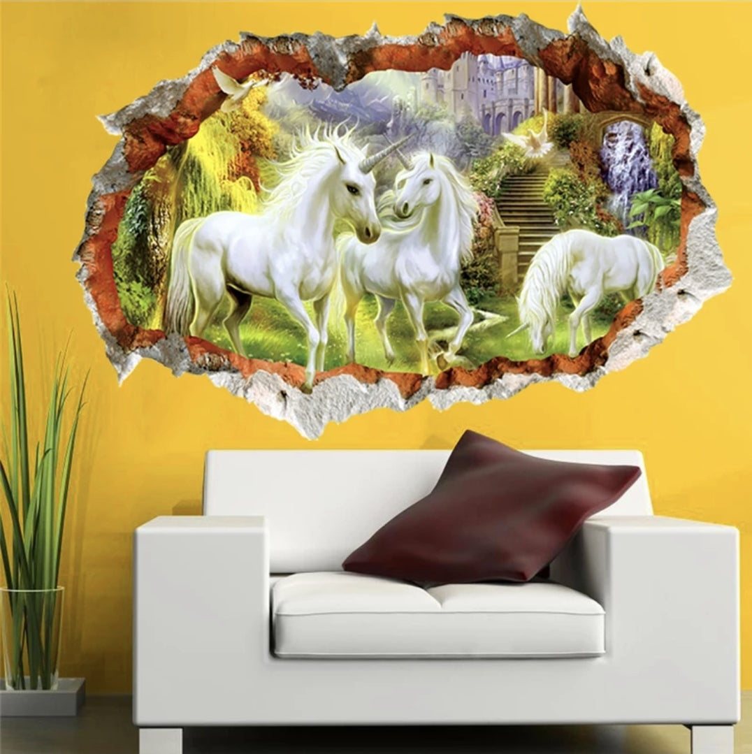 Vinyl PVC sticker wall art '3d unicorns through hole in the wall'