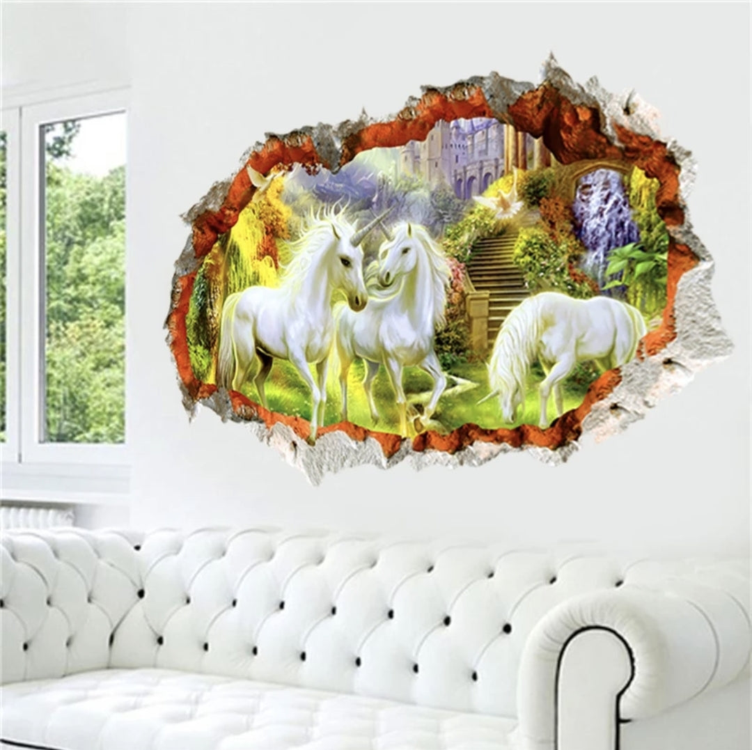 Vinyl PVC sticker wall art '3d unicorns through hole in the wall'