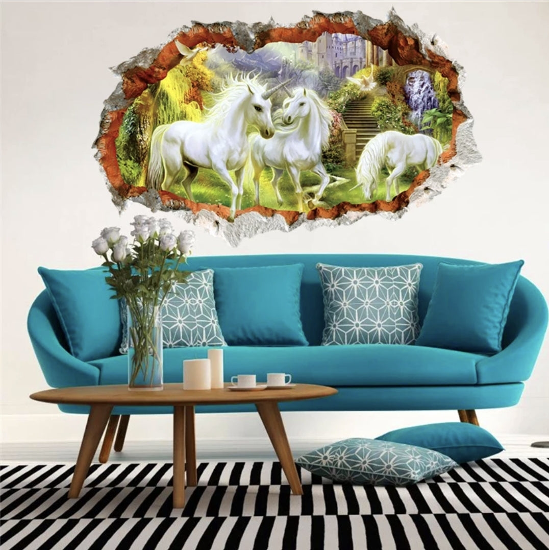Vinyl PVC sticker wall art '3d unicorns through hole in the wall'