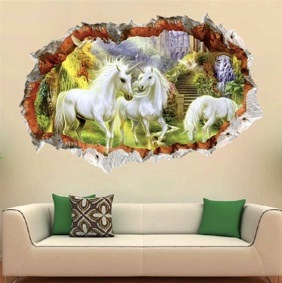 Vinyl PVC sticker wall art '3d unicorns through hole in the wall'