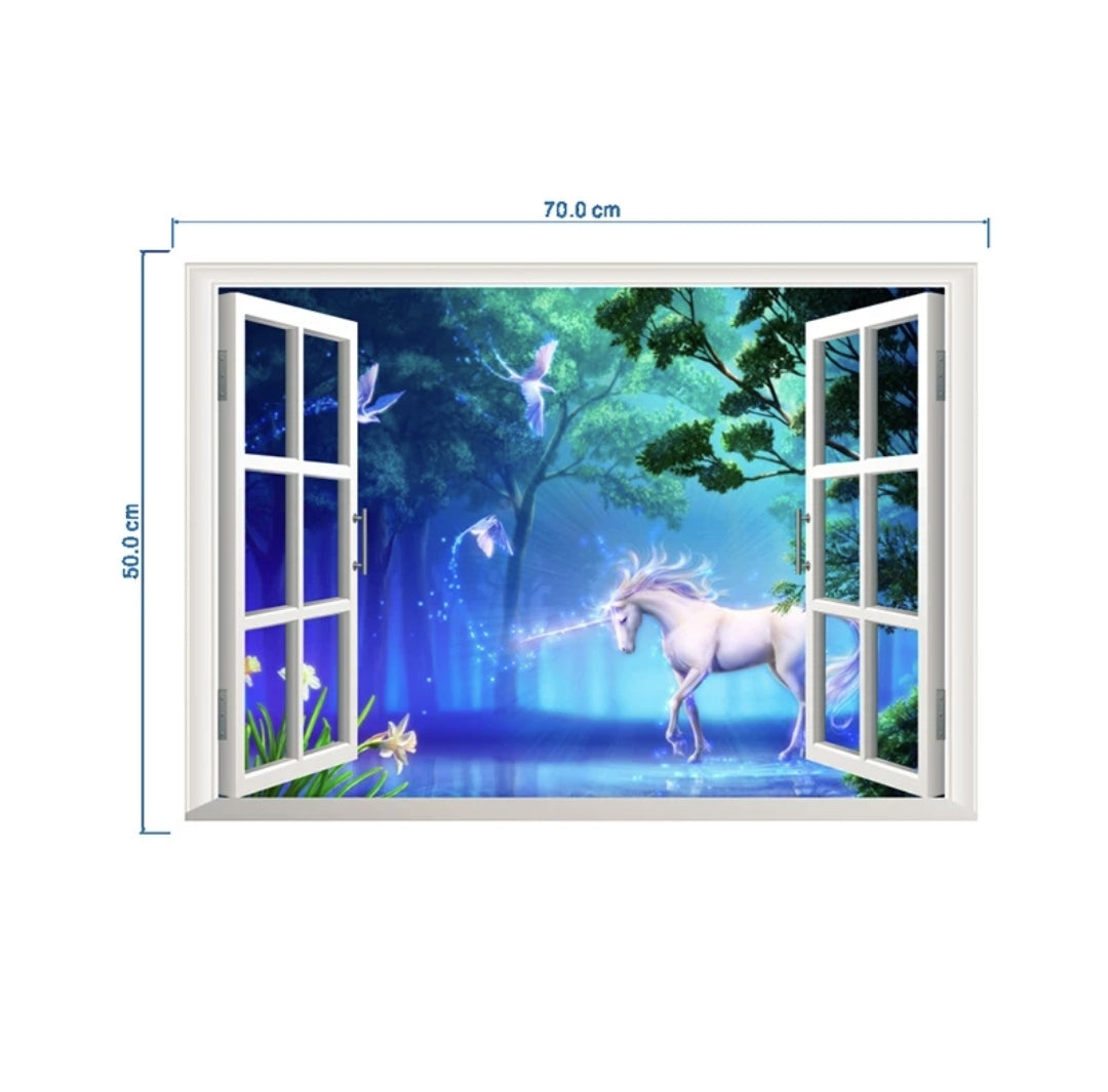 Vinyl PVC sticker wall art '3d unicorns through the window'