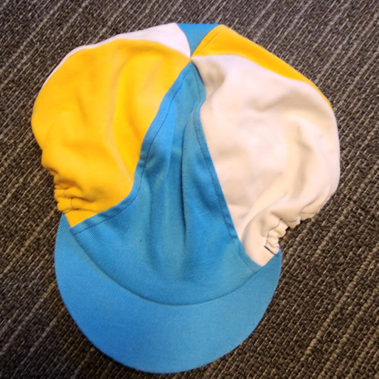 Blue, yellow and white helmet cover