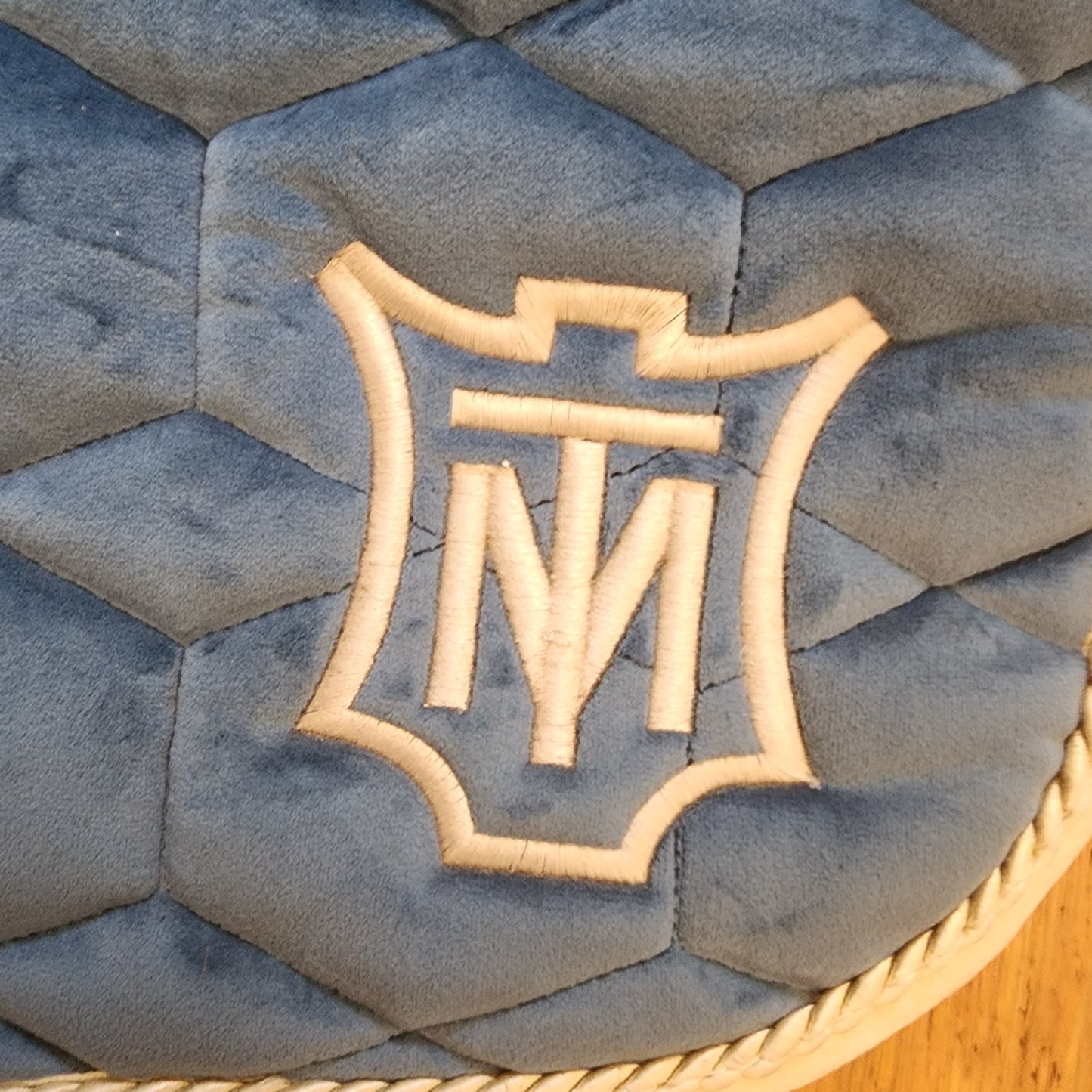 Mattes blue velvet dressage saddle pad. Full size