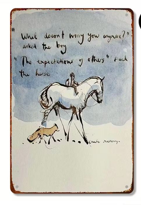 The 'boy, the fox and the horse' inspirational metal sign -  'What doesn't worry you anymore?'