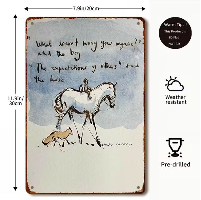 The 'boy, the fox and the horse' inspirational metal sign -  'What doesn't worry you anymore?'