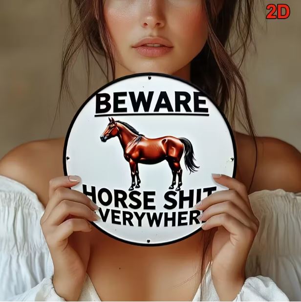 Humorous metal sign -  'Beware - horse shit everywhere'