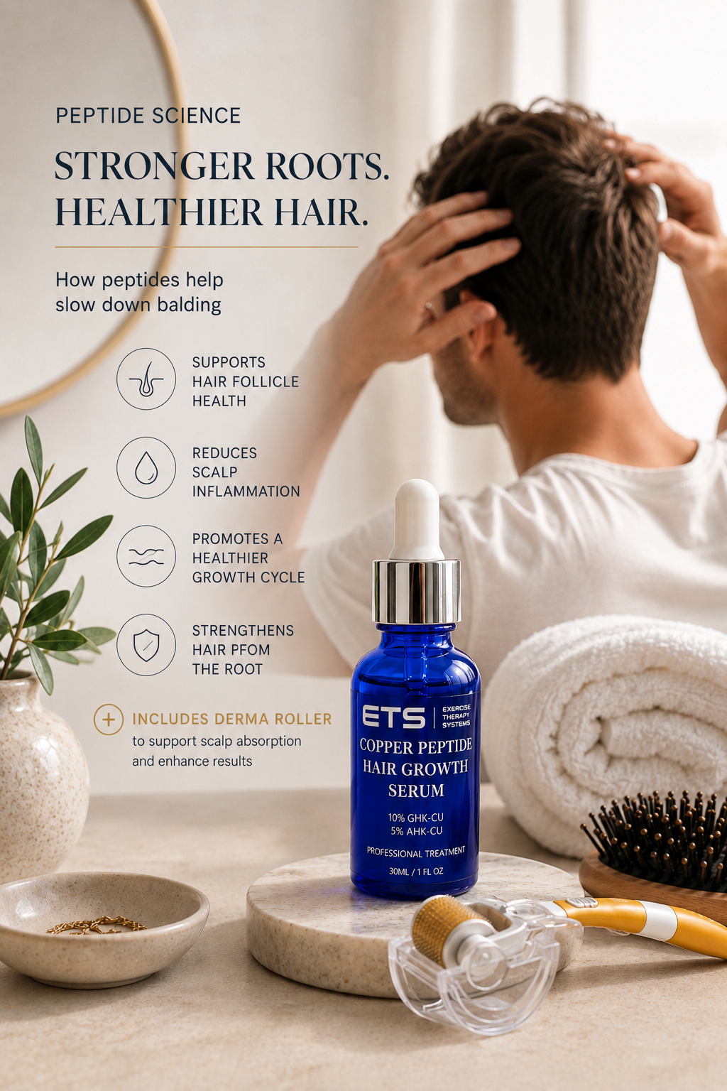 ETS Copper Peptide Hair Growth Serum (10% GHK-Cu + 5% AHK-Cu) – 30ml AND derma roller