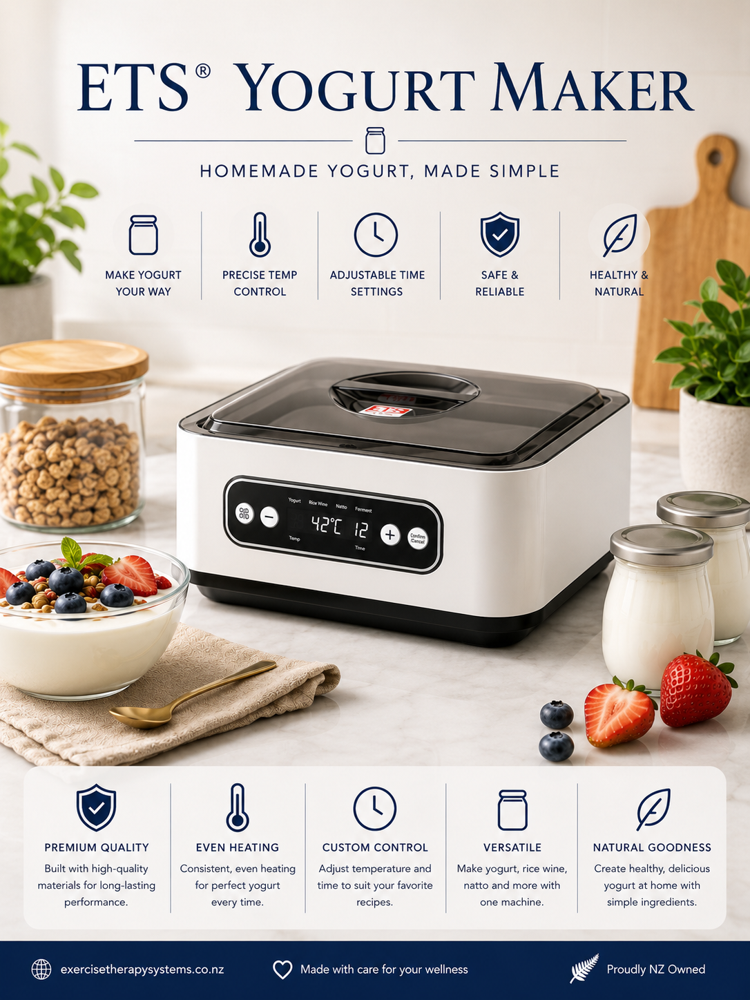 ETS 1.4L Automatic Yogurt Maker (includes stainless steel inner bowl and 9 glass cups). Ideal for L Reuteri yoghurt