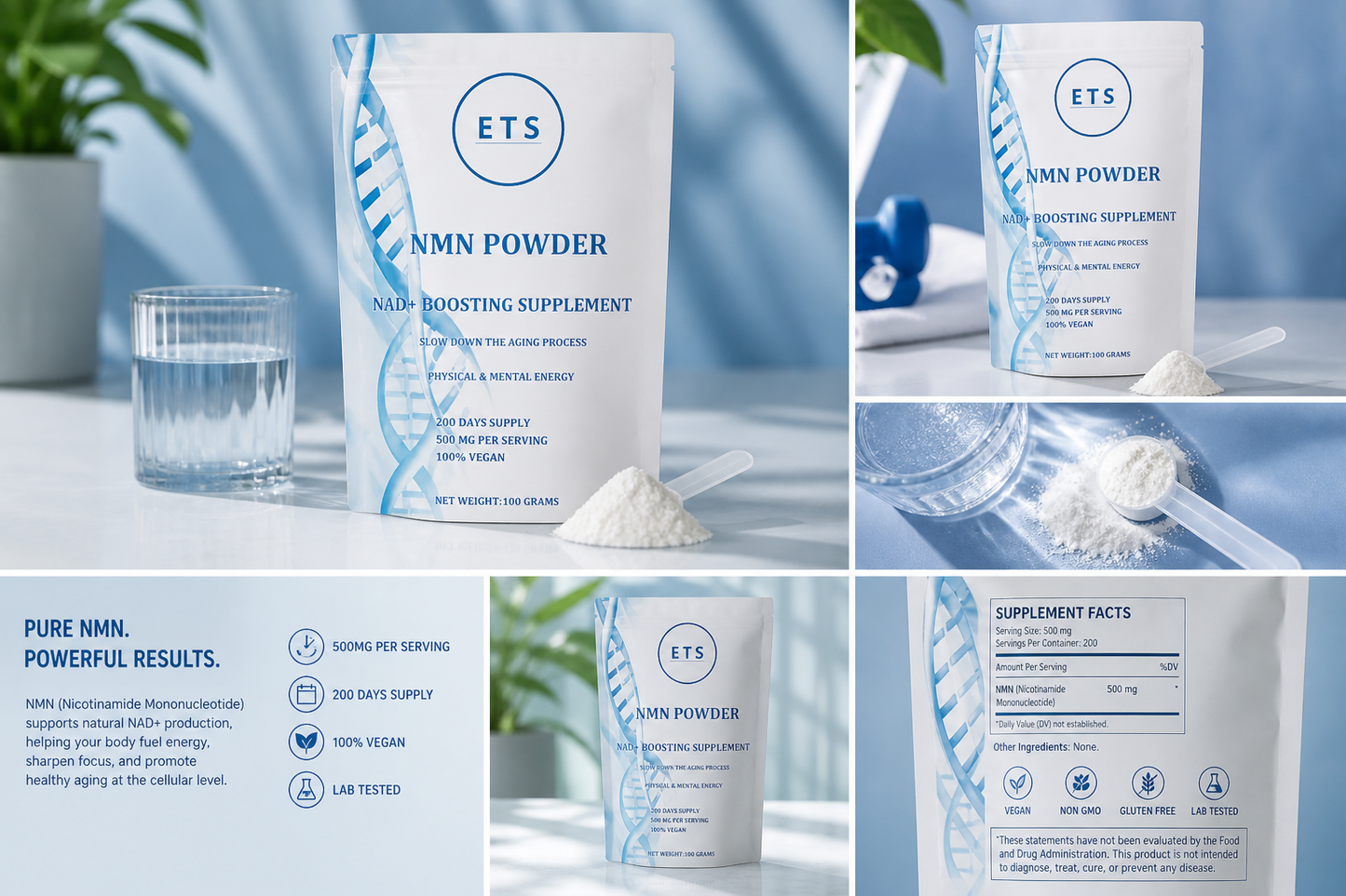 ETS NMN Powder (Nicotinamide Mononucleotide) (100g- 500mg per Serving)