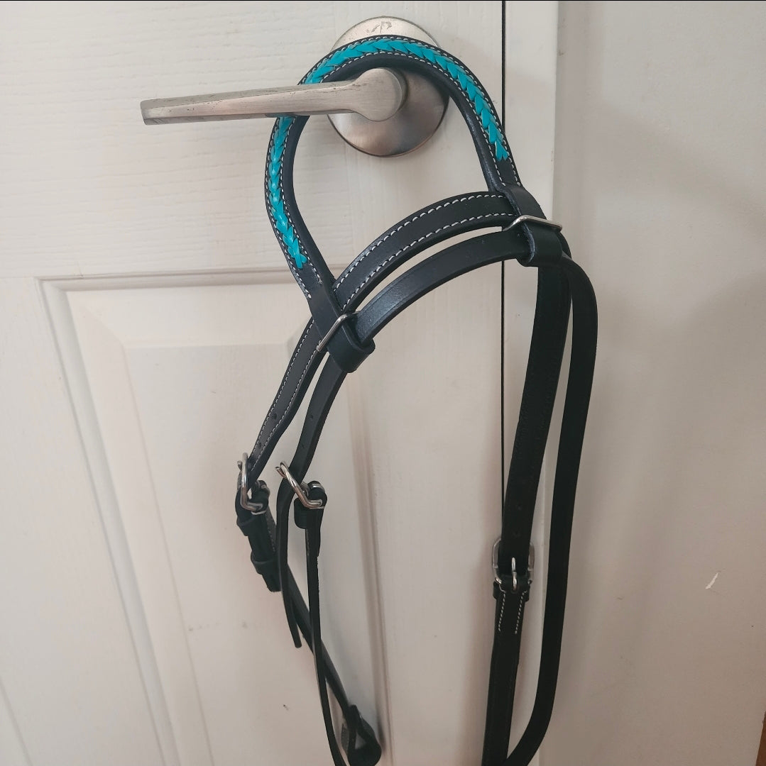 Western one ear bridle, black with turquoise detail, full size