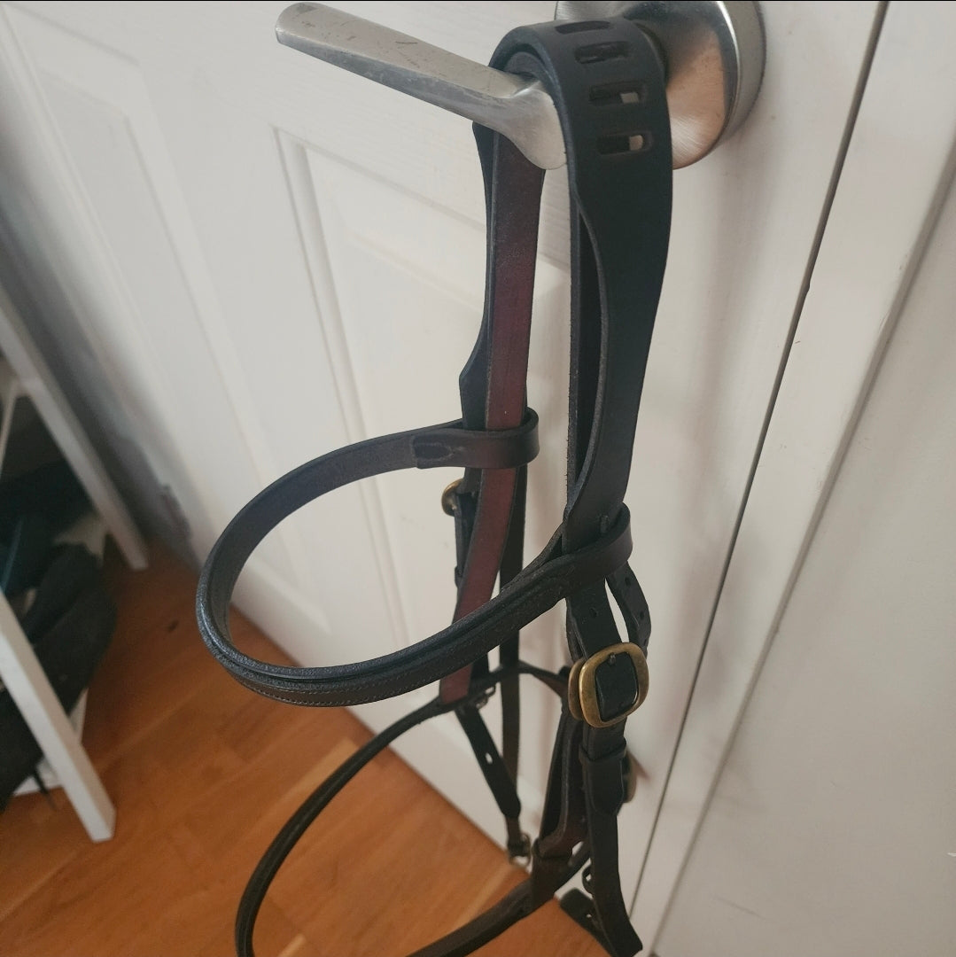 Dark havanna, cob size leather cavasson bridle, handmade in New Zealand by Joanne Sholfield