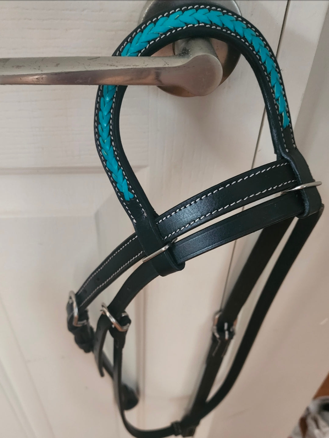 Western one ear bridle, black with turquoise detail, full size