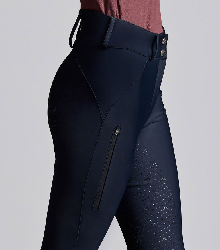 Premier Equine Amnis Womens Waterproof Gel Full Seat Riding Breeches, Navy (High Rise)