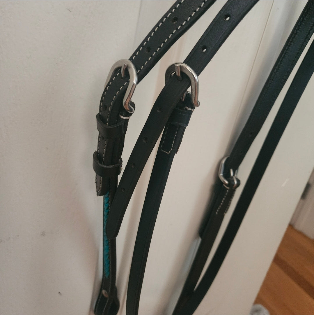 Western one ear bridle, black with turquoise detail, full size