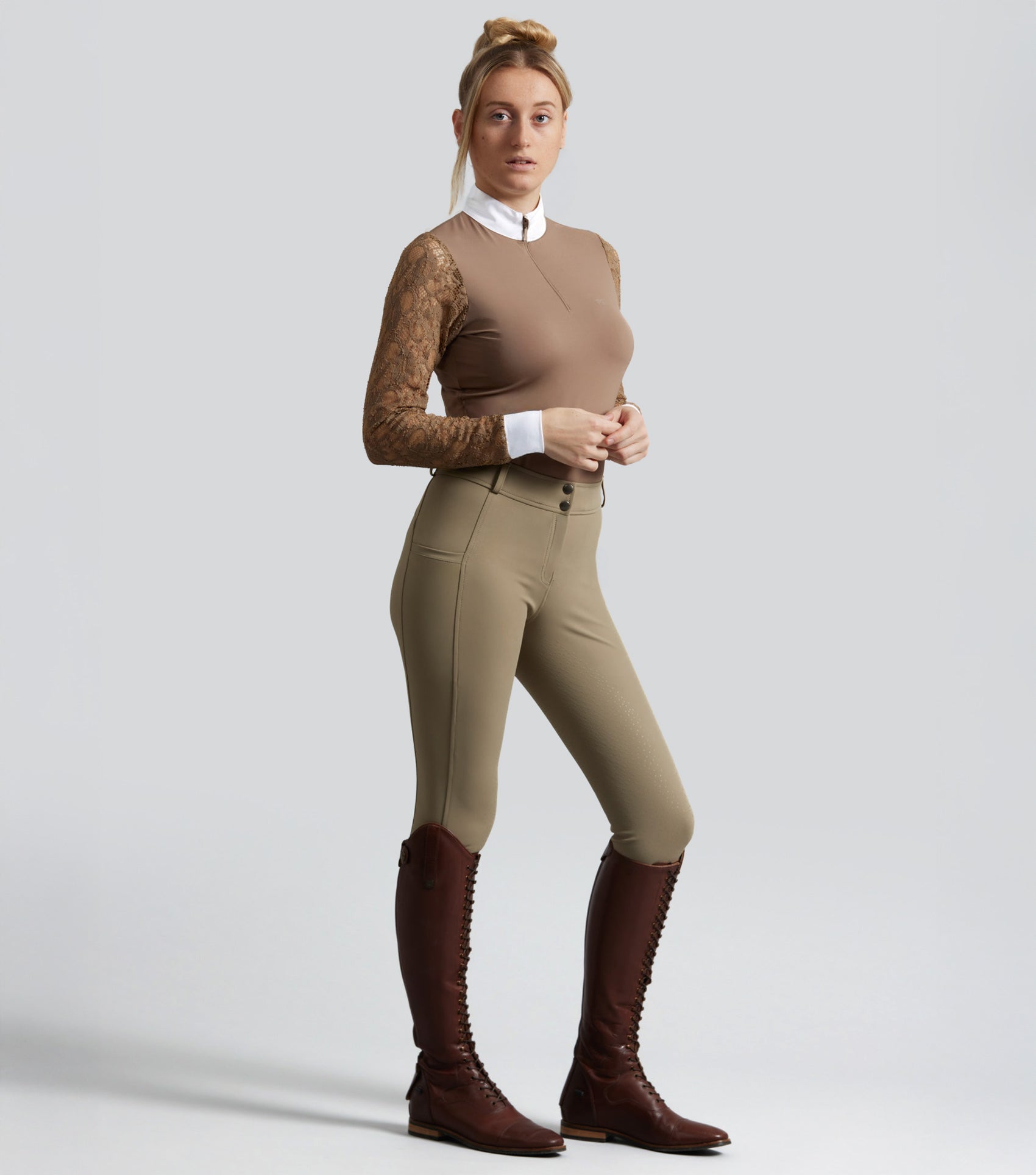 Description:Salento Ladies Full Seat Riding Breeches_Colour:Timberwolf_Position:1
