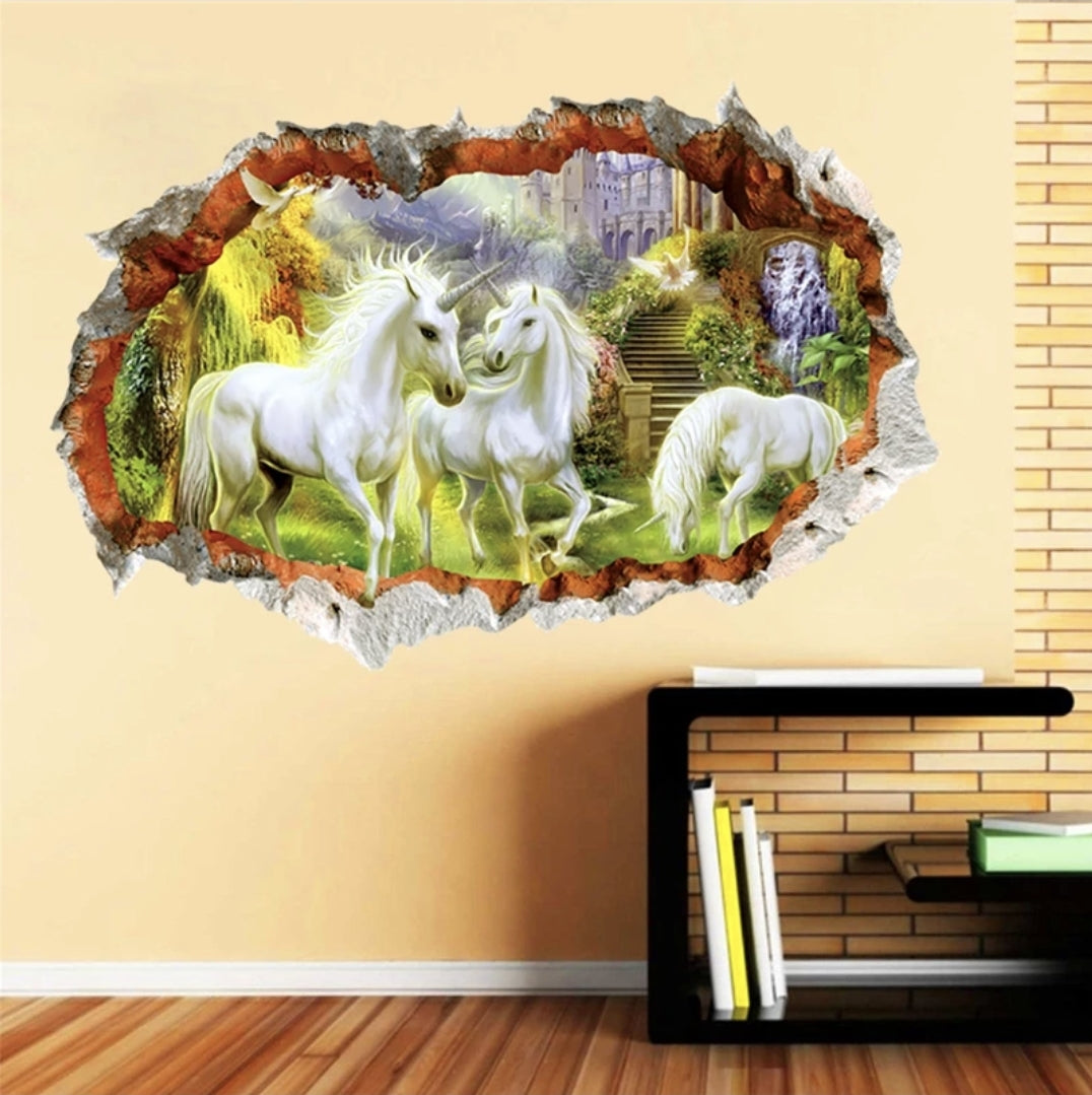 Vinyl PVC sticker wall art '3d unicorns through hole in the wall'